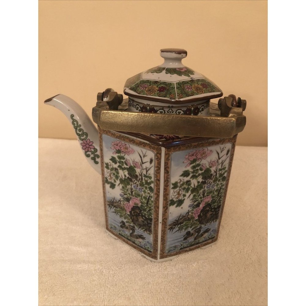 Noritake VTG Hexagon Shape Tea Pot With Brass Handle “Imperial Garden”
